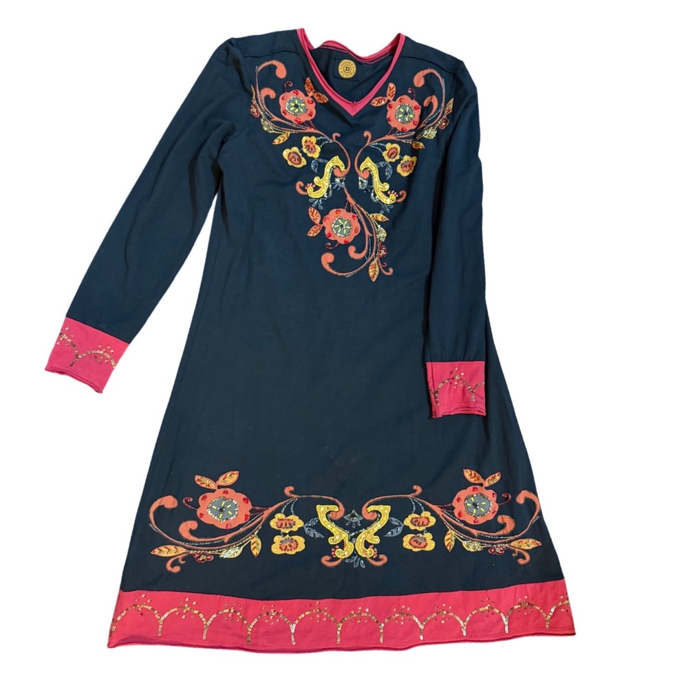 Double D Ranch Black‎ Red Floral Embroidered Beaded Dress Small Southwestern